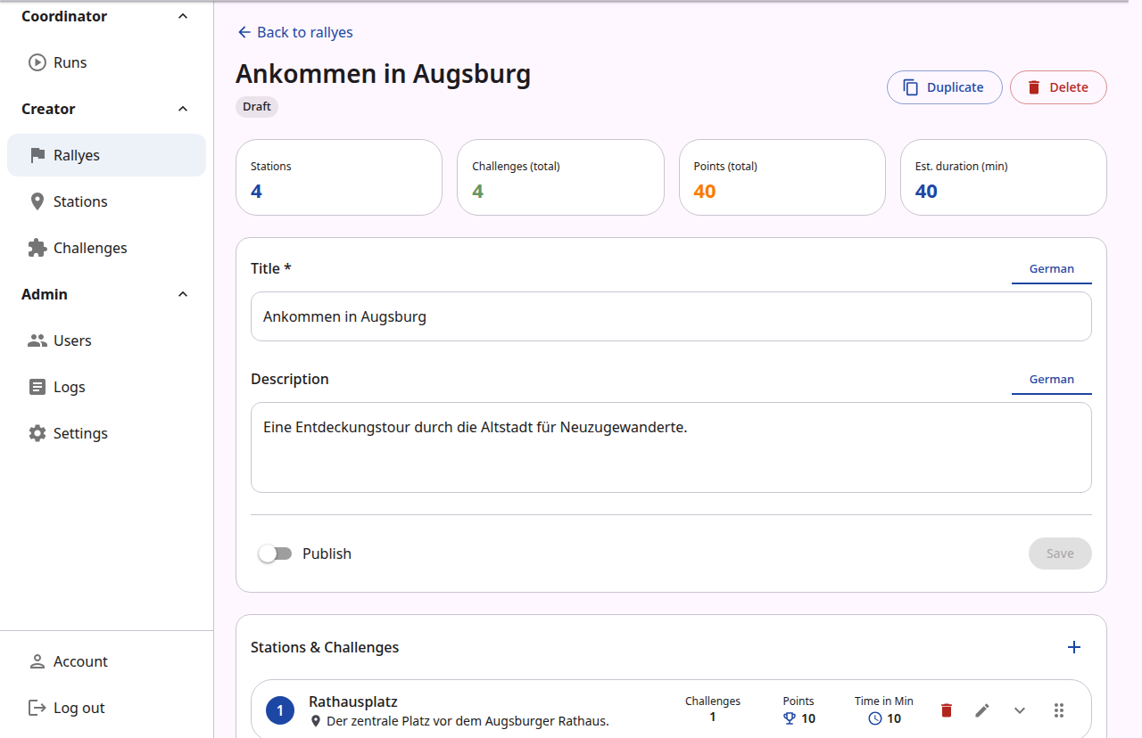 Der Rallye-Editor: Titel und Beschreibung der Rallye, darunter die Liste der Stationen mit Aufgaben, Punkten und geschätzter Dauer.
