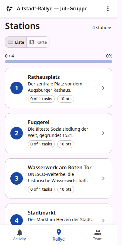 Die Teilnehmer-Ansicht auf dem Smartphone: eine Liste der Stationen mit Fortschrittsanzeige, Punkten und Aufgaben.